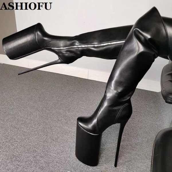 

ashiofu 2020 новых женщин супер каблуки сапоги 30cm сексуальный полюс-танцы платформа boots вечерний клуб мода длинные обувь d2020, Black