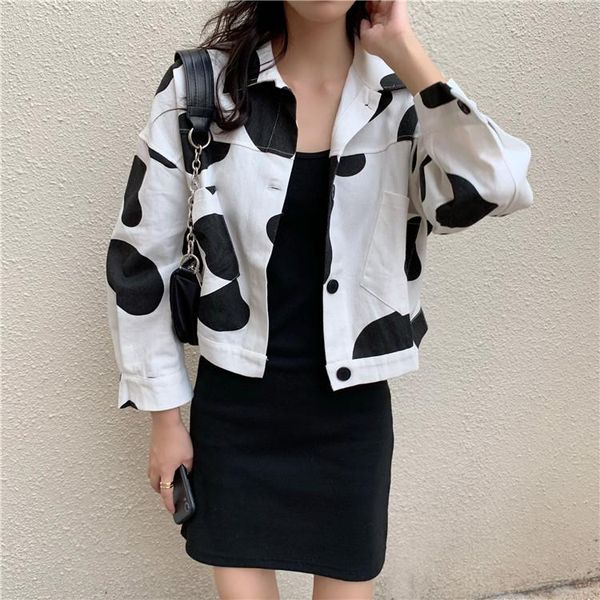 

new autumn classic women jacket cute cow pattern double pocket coat female casual black and white short jackets mujer, Black;brown