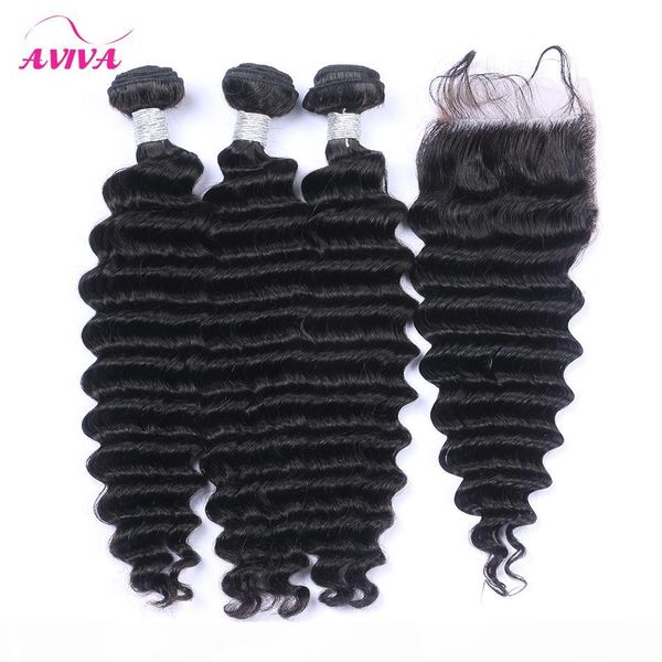 

4pcs lot brazilian deep wave virgin human hair weaves with closure 4*4size lace closure with 3 bundles unprocessed brazilian deep curly hair, Black