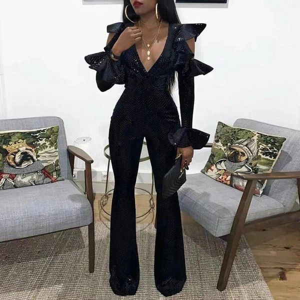 

missord 2020 women summer deep v long sleeve rompers female elegant speaker sleeve jumpsuits mq18982, Black;white
