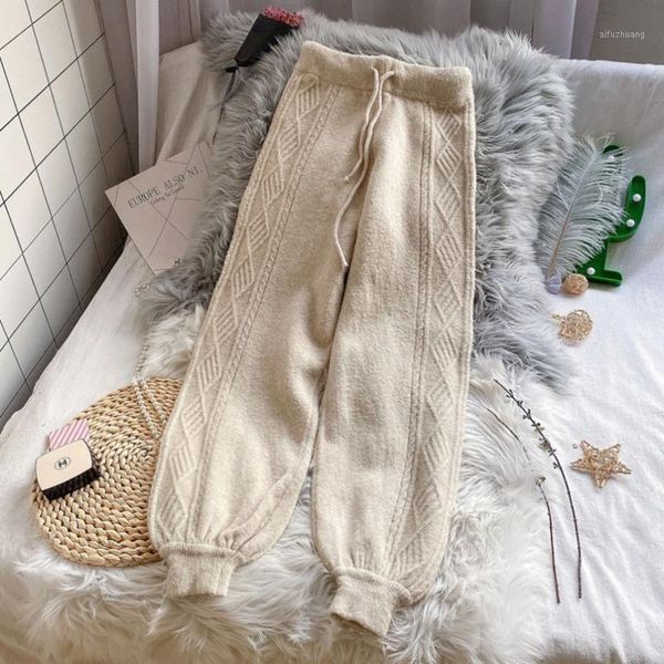 

winter knitted harem wool striped pants women wide leg trousers wool high waist loose casual harun pants knitted sweatpants1, Black;white