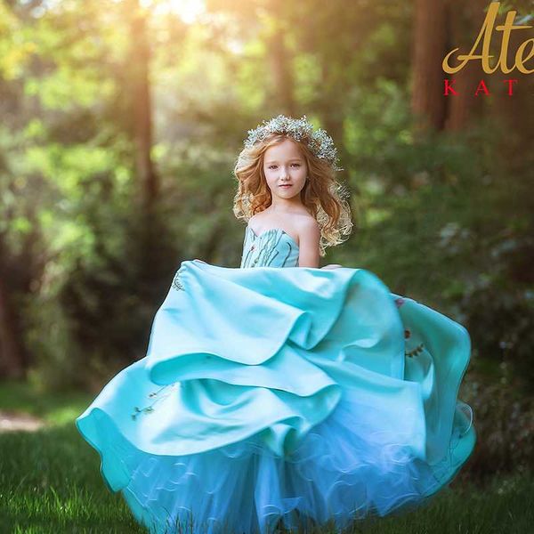 

blue flower girl dress with embroidery sweetheart ruffles satin kids gowns for wedding birthday first holy communion dresses, Red;yellow