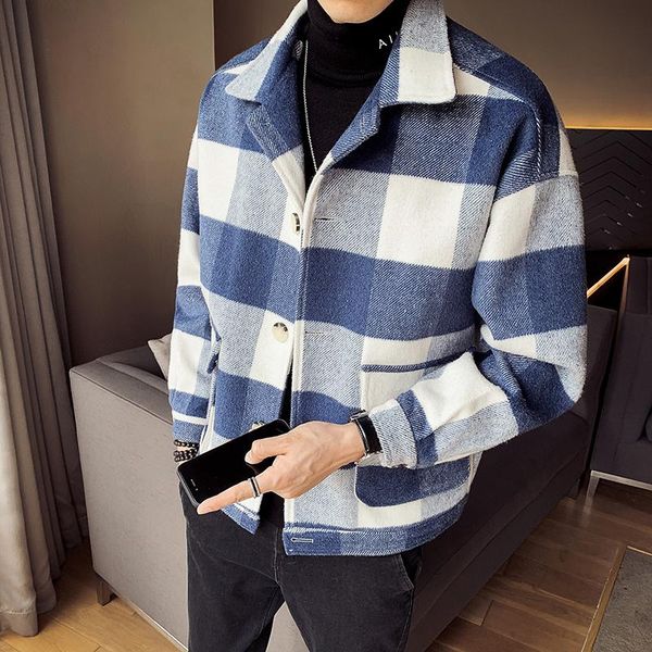 

legible winter wool jacket men high-quality wool coat men casual loose short plaid coat for coats, Black