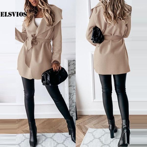 

elegant autumn winter lapel collar long sleeves cardigan lace up windbreaker coats casual solid color slim fashion loose jacket1, Black;brown
