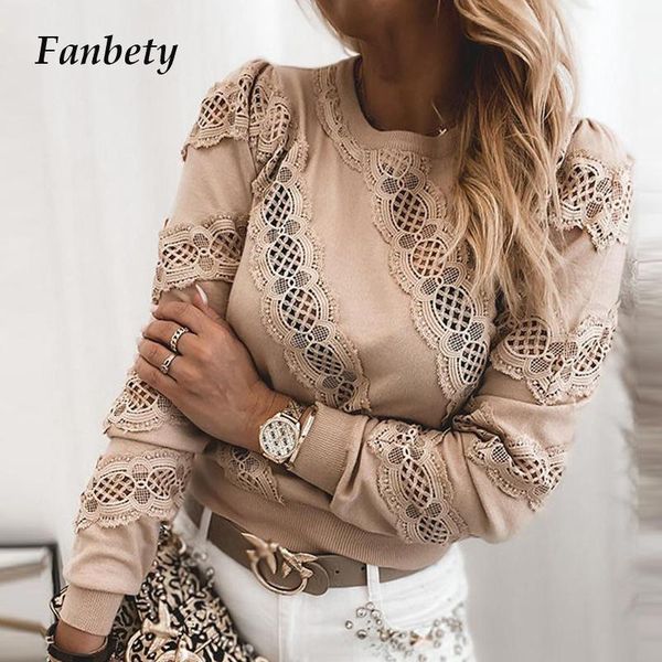 

women's blouses & shirts women autumn o neck lace patchwork blouse shirt elegant long sleeve sequined pullover casual streetwear femal, White