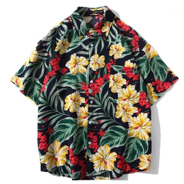 

missky women men shirt floral printing short-sleeves shirt hawaii retro loose beach couple short-sleeved fashion male 1, White;black