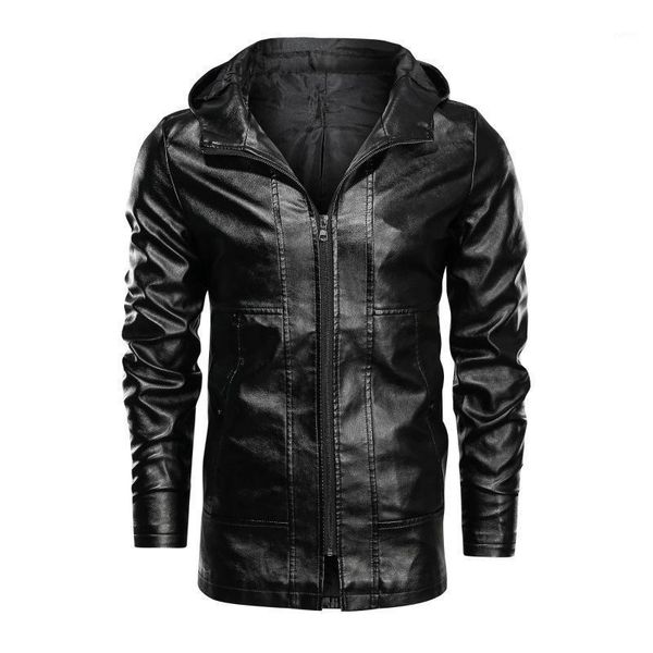 

men hooded pu jacket overcoat large size 3xl-4xl hoodies casual outwear motorcycle clothing 2021 spring male faux leather coat1, Black