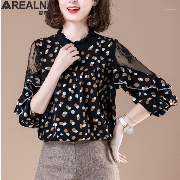 

blouses woman 2019 autumn plus size elegant ruffles lace chiffon blouse women long sleeve office work dot shirt blusas1, White