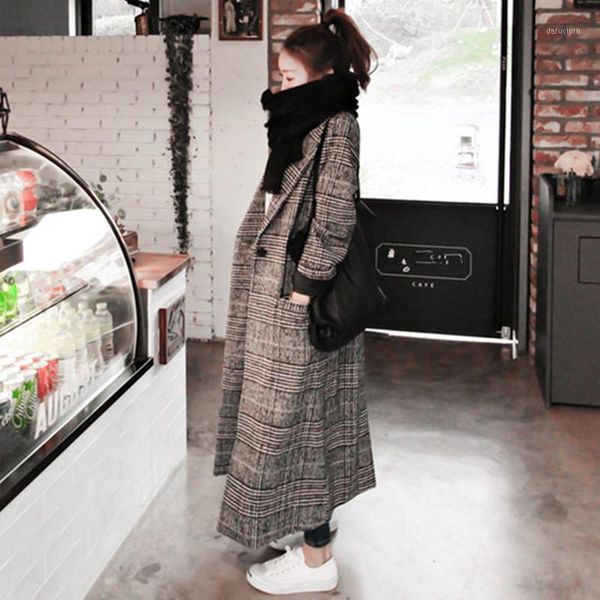 

2020 woman autumn plaid long coat british fashion turn-down collar long sleeve slim woolen trench coats plus size xxl1, Tan;black