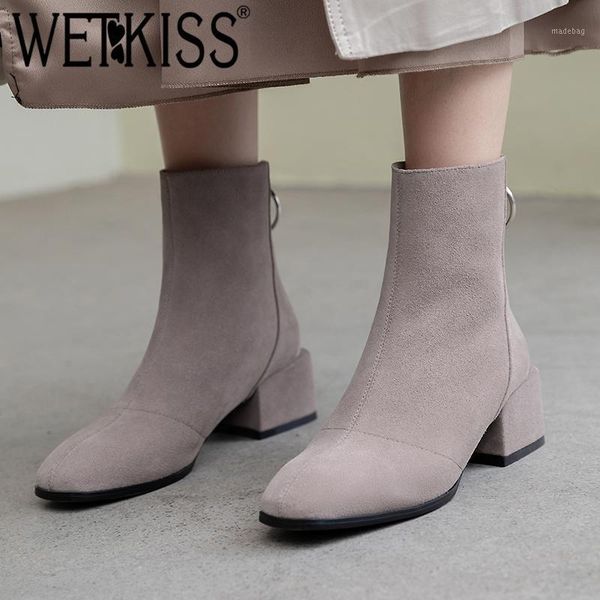 

boots wetkiss cow suede ankle women high hels thick booties square toe shoes female fashion zip ladies winter 2021 1, Black