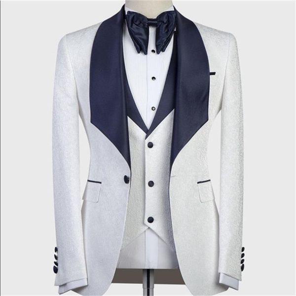 Abito da uomo a un bottone 3 pezzi (giacca + pantaloni + gilet) Scialle blu scuro con risvolto Abbigliamento formale Sposo Best Man Smoking da sposa