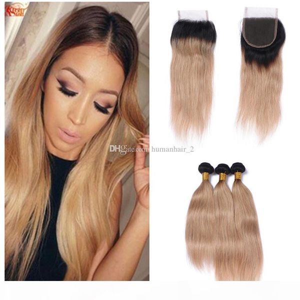 

9a ombre peruvian hair silk straight with closure two tone 1b 27 honey blonde dark roots ombre human hair bundles with lace closure, Black;brown