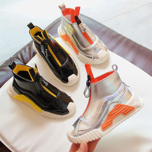 

leather girls' 2020 children's winter new sports boys' high casual sho students' plush short boots, Black;red