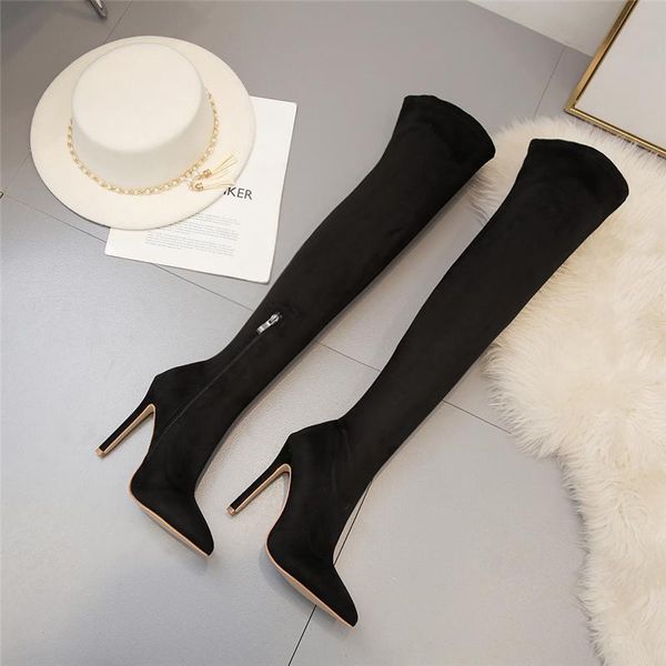 

stretch 2020 brand suede thigh high heel boots women winter boots stiletto heels over the knee plus size female shoes, Black