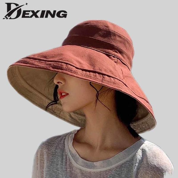 

reversible foldable cotton sun hat for women summer wide brim uv protection panama beach hat ladies girls outdoor korean sea hat y200714, Blue;gray