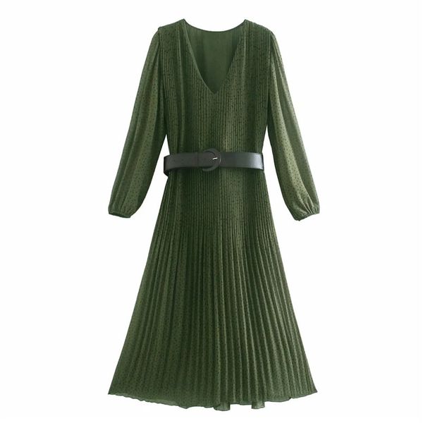 

new 2021 green pleated midi women winter chic belt puff sleeve elegant party dresses female vintage long dress e90y, Black;gray