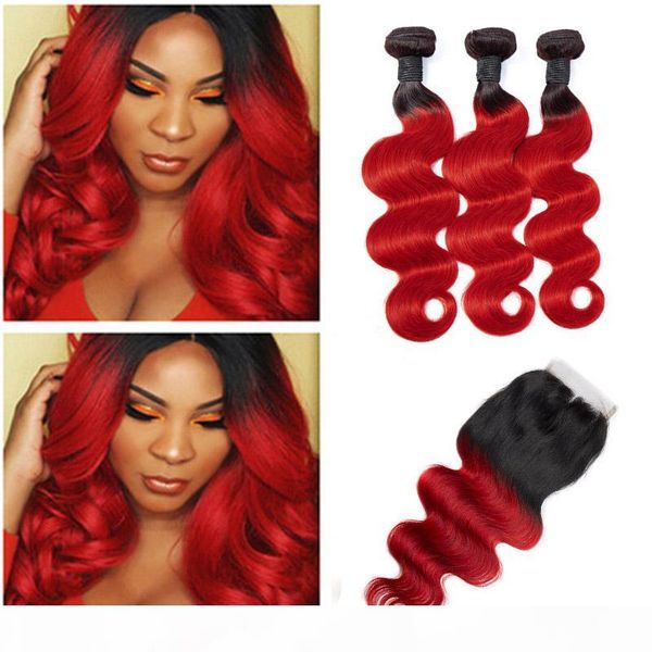 

malaysian unprocessed human hair extensions 3 bundles with 4x4 lace closure body wave 1b red body wave 1b red ombre hair products 12-24inch, Black;brown