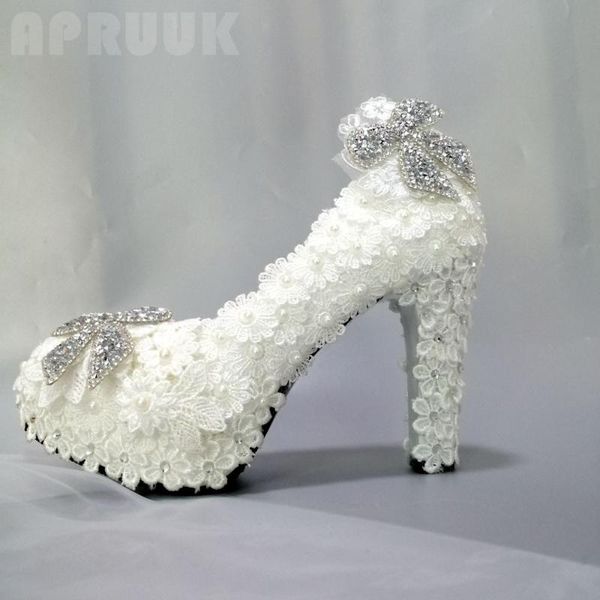

11cm super high heels white lace wedding shoes bride handmade luxury crystal bow sweet bridal party dress proms pumps plus size, Black