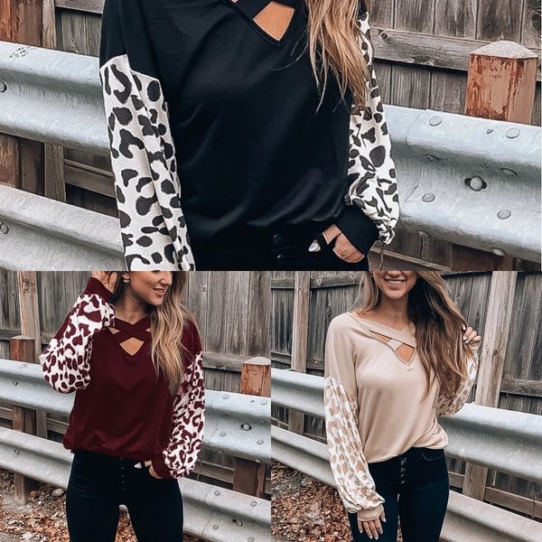 

cx7t5 2020 new v-neck cross leopard print casual long sleeve for women 2020 sleeve t-shirt cross leopard print casual long t-shirt new v-nec, White