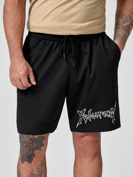 

extended sizes men letter graphic track shorts 14h8#, Black