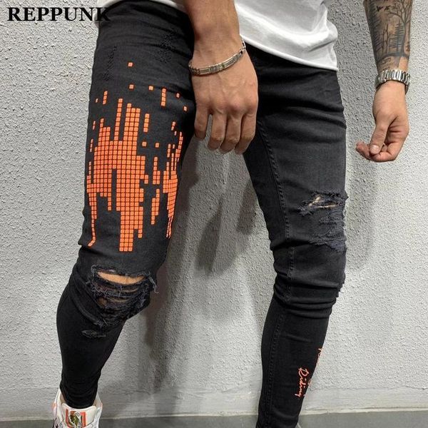 

reppunk 2020 new men's skinny black jeans hiphop streetwear ripped skinny printed street lightweight cotton jeans, Blue