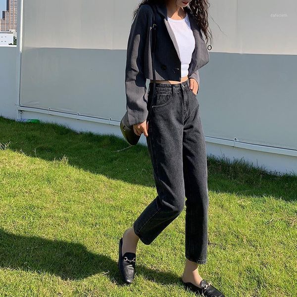 

womens straight leg jeans loose high waisted cropped trousers streetwear women washed korean smoky gray females jeans aesthetic1, Blue