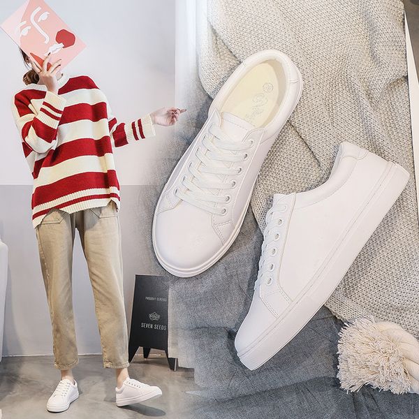 

fashion women shoes platform sneakers ladies lace-up casual shoes breathable walking pu leather shoes white flat girl 1020, Black;white