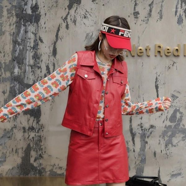 

women's autumn and winter new leather real sleeveless short sleeve jacket fashion sheepskin real simple button loose coat1, Black;white