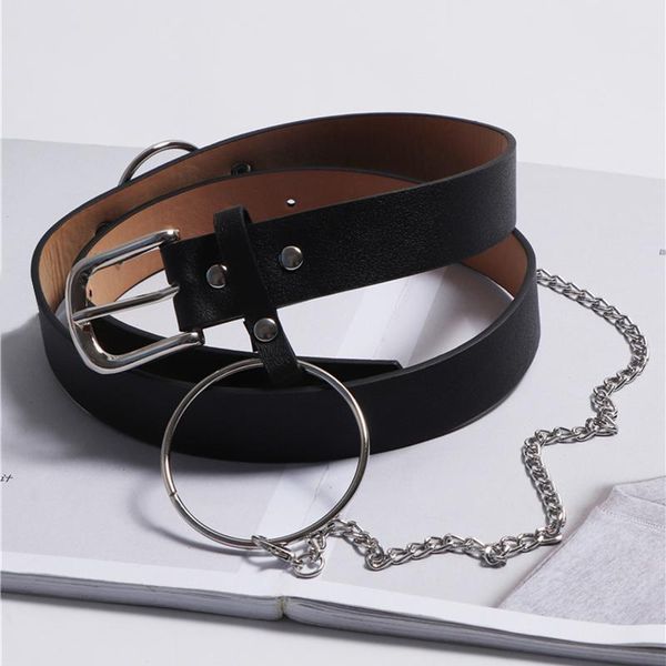 

punk style women leather belt jean accessories with chain casual female solid pin buckle with adjustable belts cinturon mujer, Black;brown
