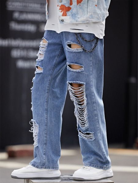 

men ripped straight leg jeans without chain r3wt#, Blue