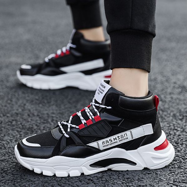 

men high cut color-blocking breathable leather stitching skid resistance round toe thick soled durable sneaker