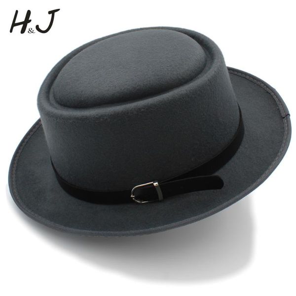 

wide brim hats pork pie hat for men with fashion leather dad wool flat fedora gambler trilby size 58cm, Blue;gray