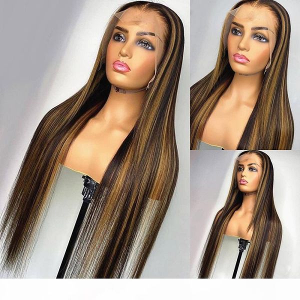 

highlight straight brazilian remy 13x6 t-part lace wig human hair lace front wig with baby hair 150 density for women, Black;brown