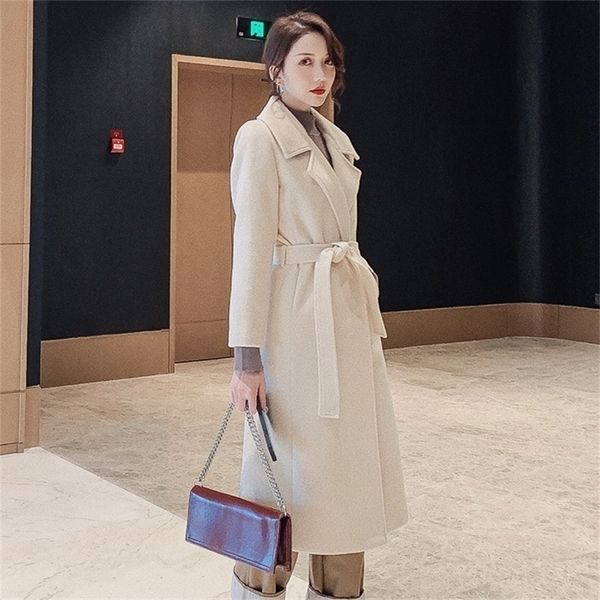 

women elegant winter overcoat bandage woolen long coat cardigan loose wool blends coat with belt 201216, Black