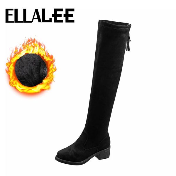 

over knee boots women thigh high flock upper chunky middle heel round toe back tassel zipper slimming long plush boots female, Black