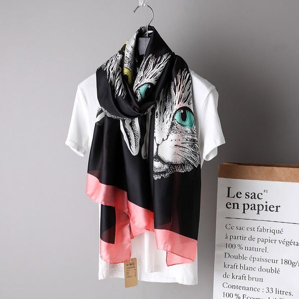 

shawls large silk scarf for women luxury cartoon cat design print foulard big shawl [3361], Blue;gray