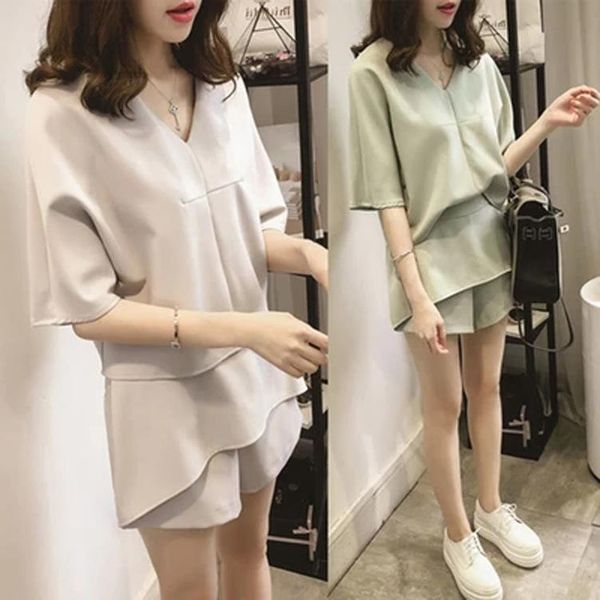 

women's tracksuits foreign trade chiffon set women xia korean version of the v-neck casual shorts two-piece one-piece hair, Gray