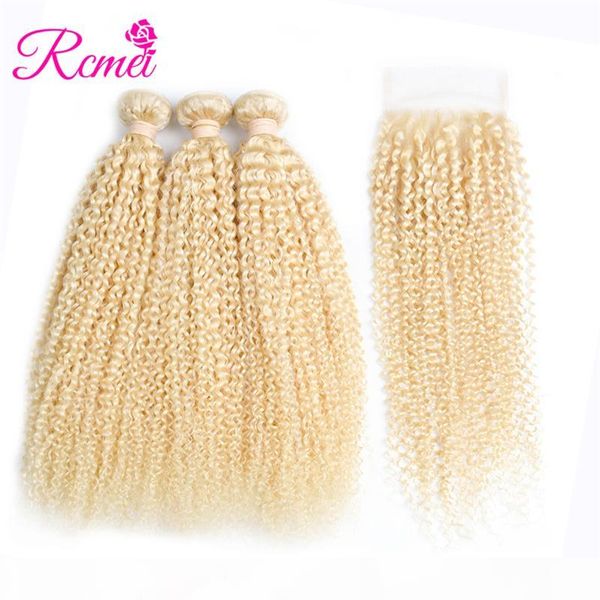 

rcmei brazilian human hair 613#blonde 3 bundles kinky curly human hair extension with 4*4 lace closure kinky curly unprocessed hair bundles, Black