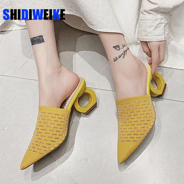 

fretwork heels pointed toe slippers women shoes stretch fabric air mesh mules flip flop slip on slides plus size 43 high 7cm, Black