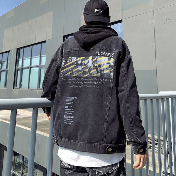 

new men's graphic printed denim casual oversize jacket korean streetwear 2021 fashion male clothing jgfo, Black;brown