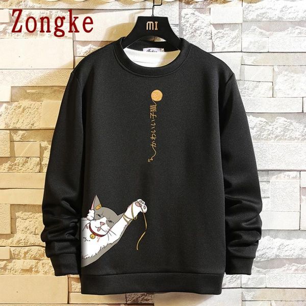 

men's hoodies & sweatshirts zongke 2021 autumn cat print hip hop sweatshirt men japanese streetwear fashion for clothing, Black