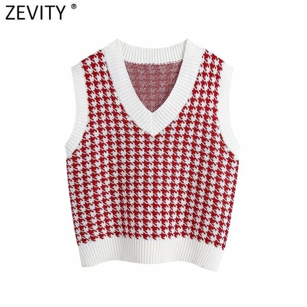 

zevity new women vintage v neck houndstooth print vest sweater female fall sleeveless patchwork casual pullovers chic s527 y201128, White;black