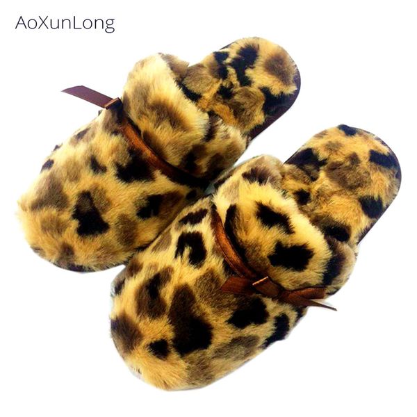 

aoxunlong women winter furry home slippers fashion leopard warm indoor slippers non-slip sole house floor slippers eu 35-40 size, Black