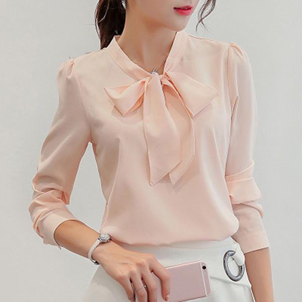 

women fashion solid chiffon shirt female work wear office ladies women blusas 2021 autumn elegant v neck blouse, White