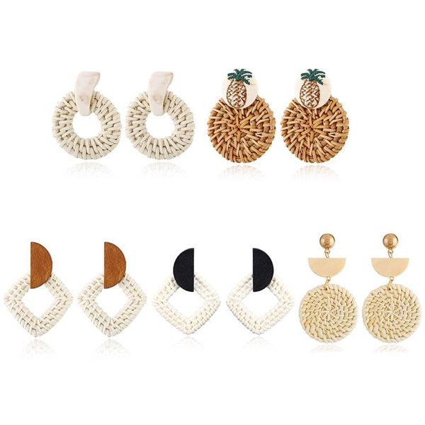

bohemia handmade geometric rattan straw weave knitted vine drop earrings for women vintage earring party jewelry dangle & chandelier, Silver