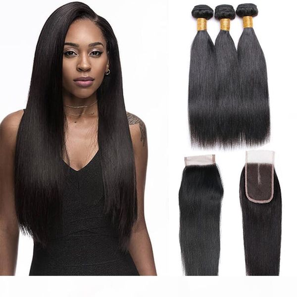 

7a grade peruvian bundles with closure virgin human hair weave straight hair 3 bundles with closure remy hair natural color, Black