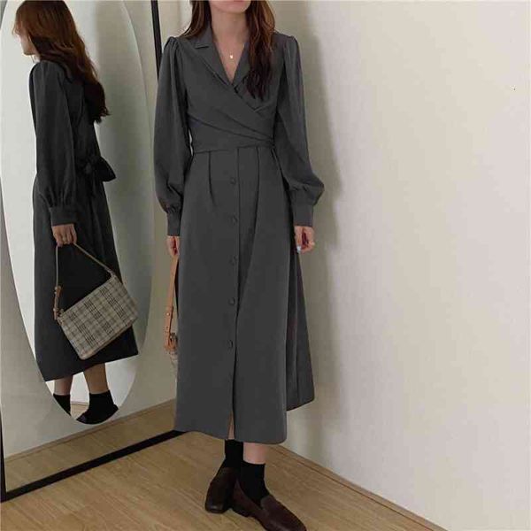 

women suit dress single breasted waist lace up dress minimalist autumn elegant ol long sleeve solid long dresses vestidos, Black;gray