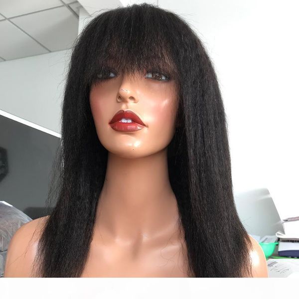 

fringe wig 13x1x6 lace wig 150% kinky straight with bangs t part middle human hair wigs for women remy black knot brazilian hair, Black;brown