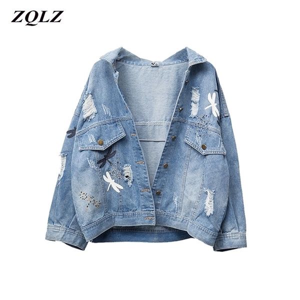 

zqlz plus size 5xl autumn denim jacket women new embroidery pattern lapel loose jeans coat thin spring jackets womens 201109, Black;brown