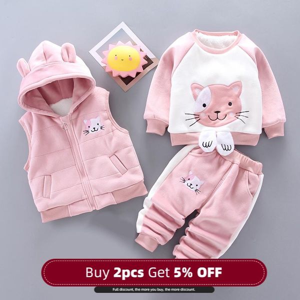 

menoea baby boys winter clothes 2020 fashion warm suits kids cartoon vest and cat pattern sweat and pants 3pcs girls outfits, White